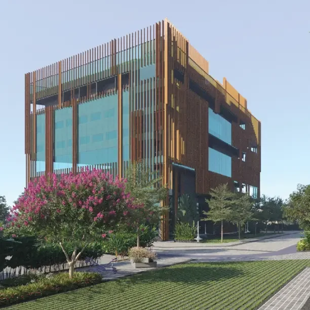 Altitudes by DSR, Osman Nagar, artistic impression The clubhouse, with slatted screens and glass, behind a flowering tree at Altitudes by DSR