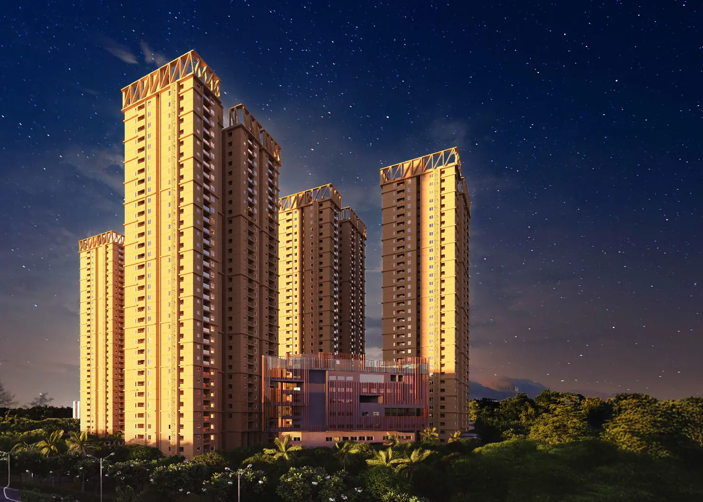 Altitudes by DSR, Osman Nagar, artistic impression Golden apartment towers lit against a night sky at Altitudes by DSR